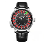 PINDU PD6629 steel case, black croc leather strap, casino roulette wheel dial front view