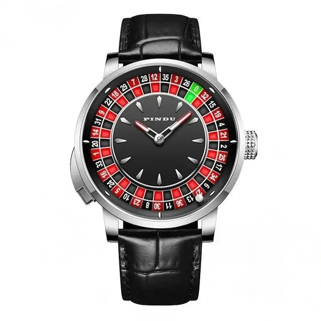 PINDU PD6629 steel case, black croc leather strap, casino roulette wheel dial front view