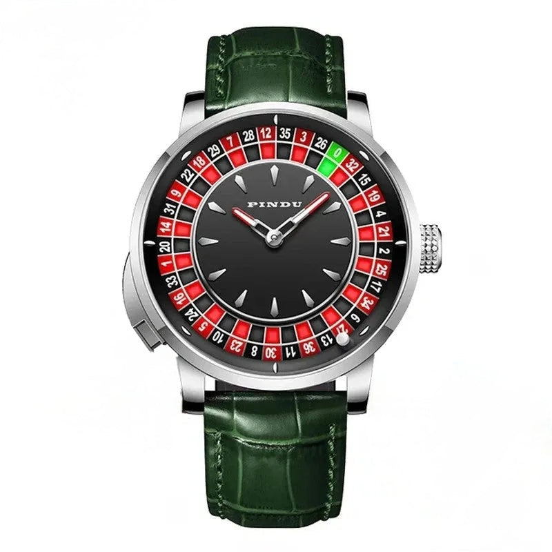 PINDU PD6629 steel case, green croc leather strap roulette watch, full product view