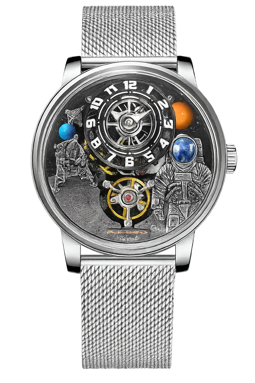 PINDU PD6630 Space Series watch with black 3D dial and silver mesh bracelet on motion-blur backdrop