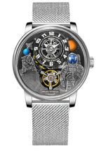 PINDU PD6630 Space Series watch with black 3D dial and silver mesh bracelet on motion-blur backdrop