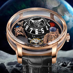 PINDU PD6630 Space Series watch detail with rose gold case, black 3D dial and black leather strap