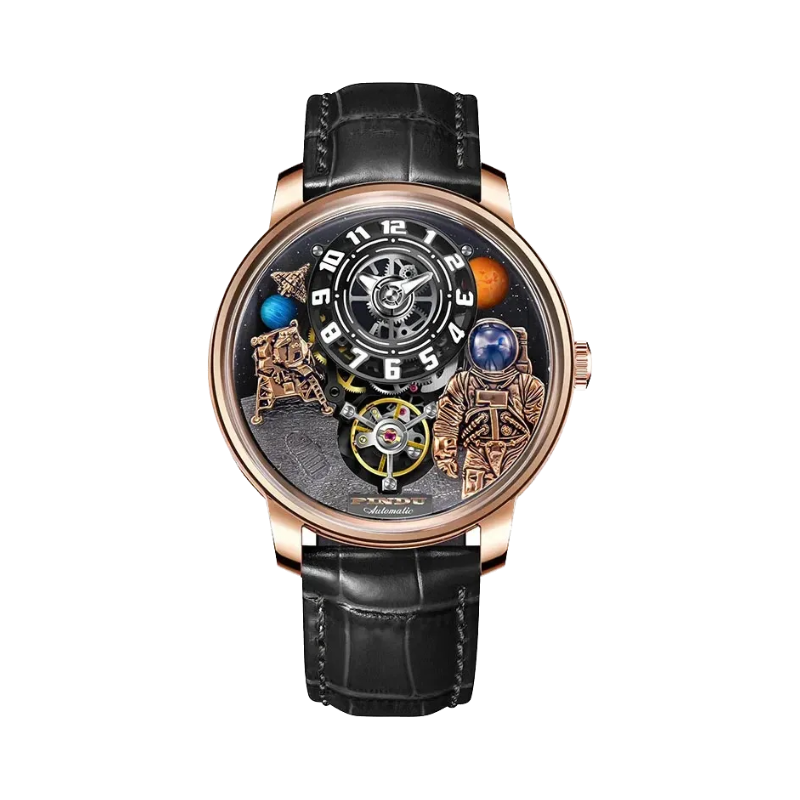 PINDU PD6630 Space Series 3D astronaut watch rose gold case with planet dial and black leather strap, front
