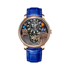 PINDU PD6630 Space Series 3D astronaut watch rose gold case with planet dial and blue leather strap, front