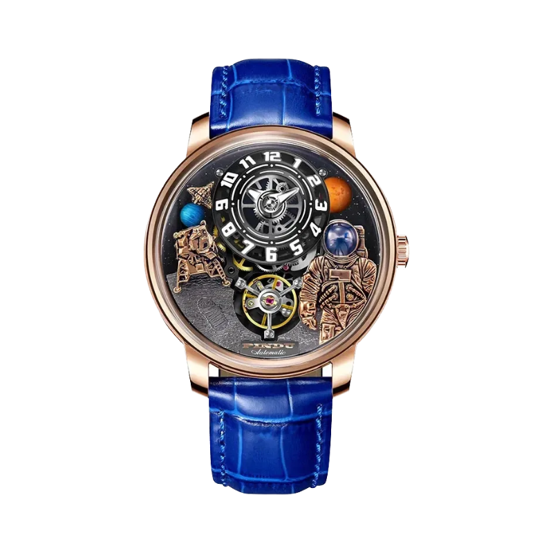 PINDU PD6630 Space Series 3D astronaut watch rose gold case with planet dial and blue leather strap, front