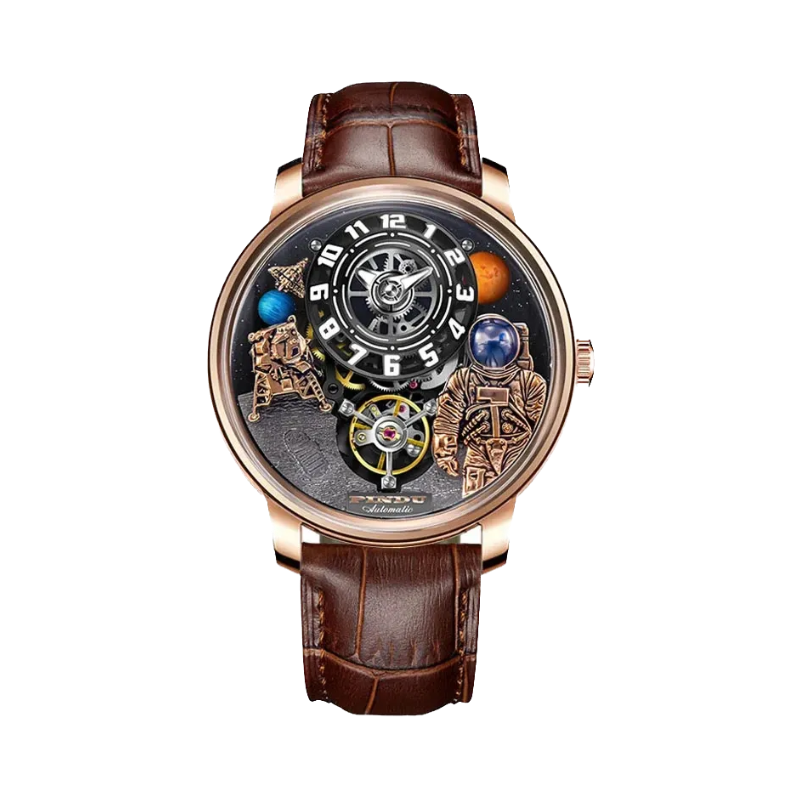 PINDU PD6630 Space Series 3D astronaut watch rose gold case with planet dial and brown leather strap, front