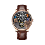 PINDU PD6630 Space Series 3D astronaut watch rose gold case with planet dial and brown leather strap, front