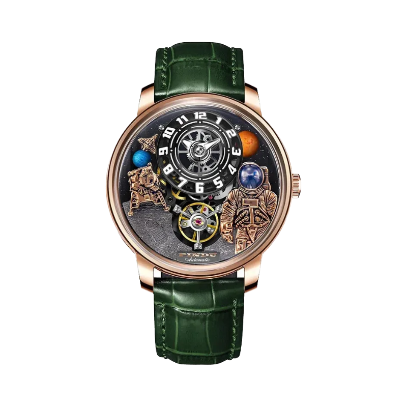 PINDU PD6630 Space Series 3D astronaut watch rose gold case with planet dial and green leather strap, front