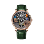 PINDU PD6630 Space Series 3D astronaut watch rose gold case with planet dial and green leather strap, front