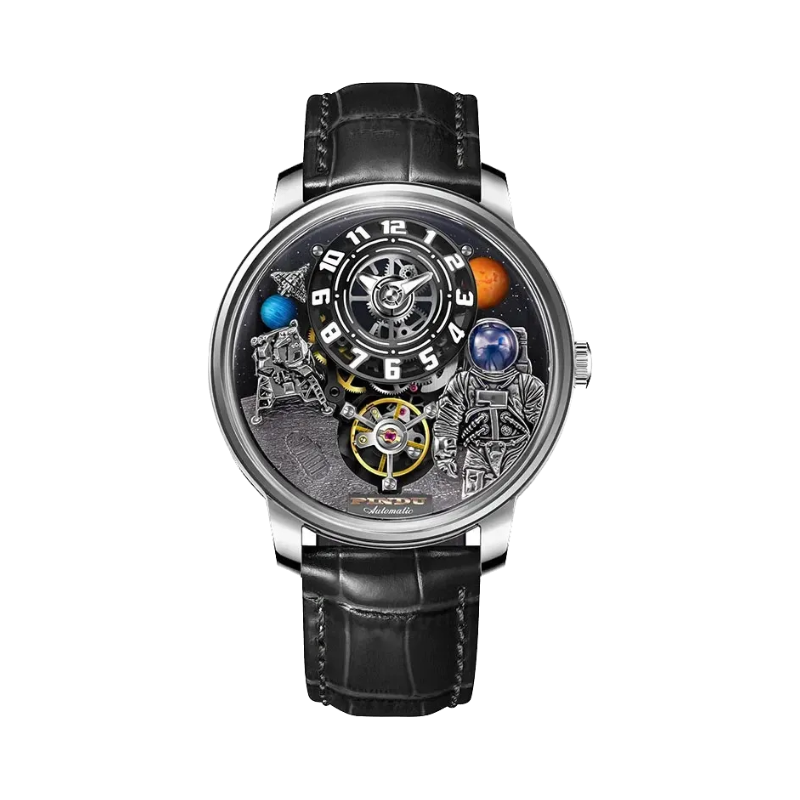 PINDU PD6630 Space Series 3D astronaut watch silver case with planet dial and black leather strap, front