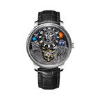 PINDU PD6630 Space Series 3D astronaut watch silver case with planet dial and black leather strap, front