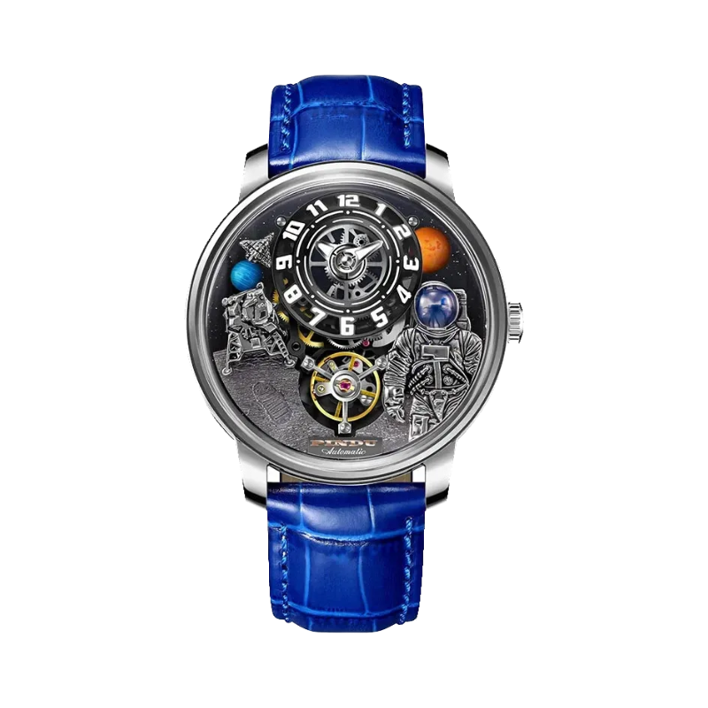 PINDU PD6630 Space Series 3D astronaut watch silver case with planet dial and blue leather strap, front