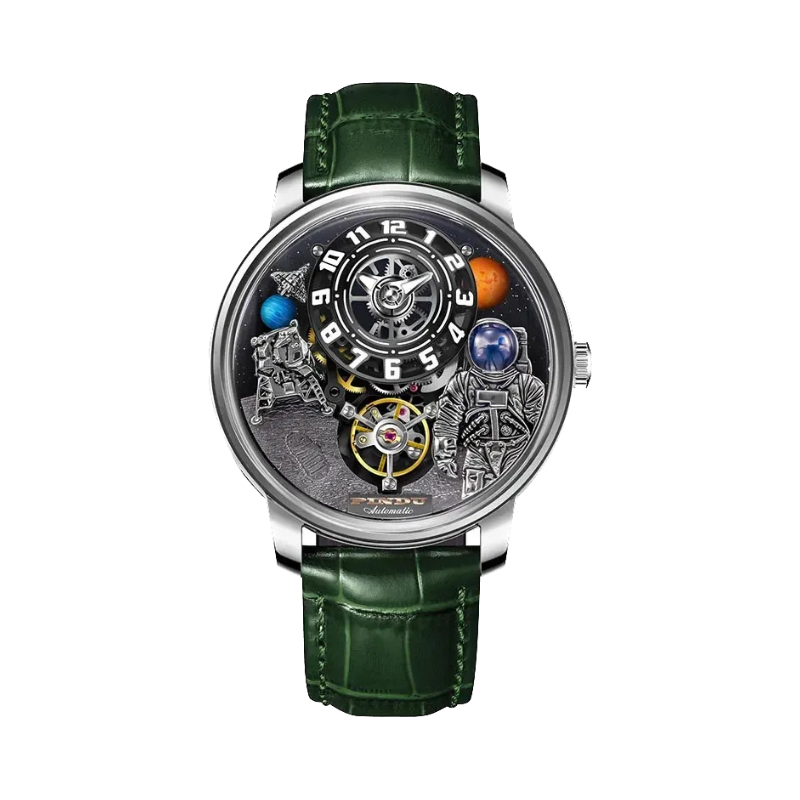 PINDU PD6630 Space Series men's watch with black space-themed dial and green leather strap, front view