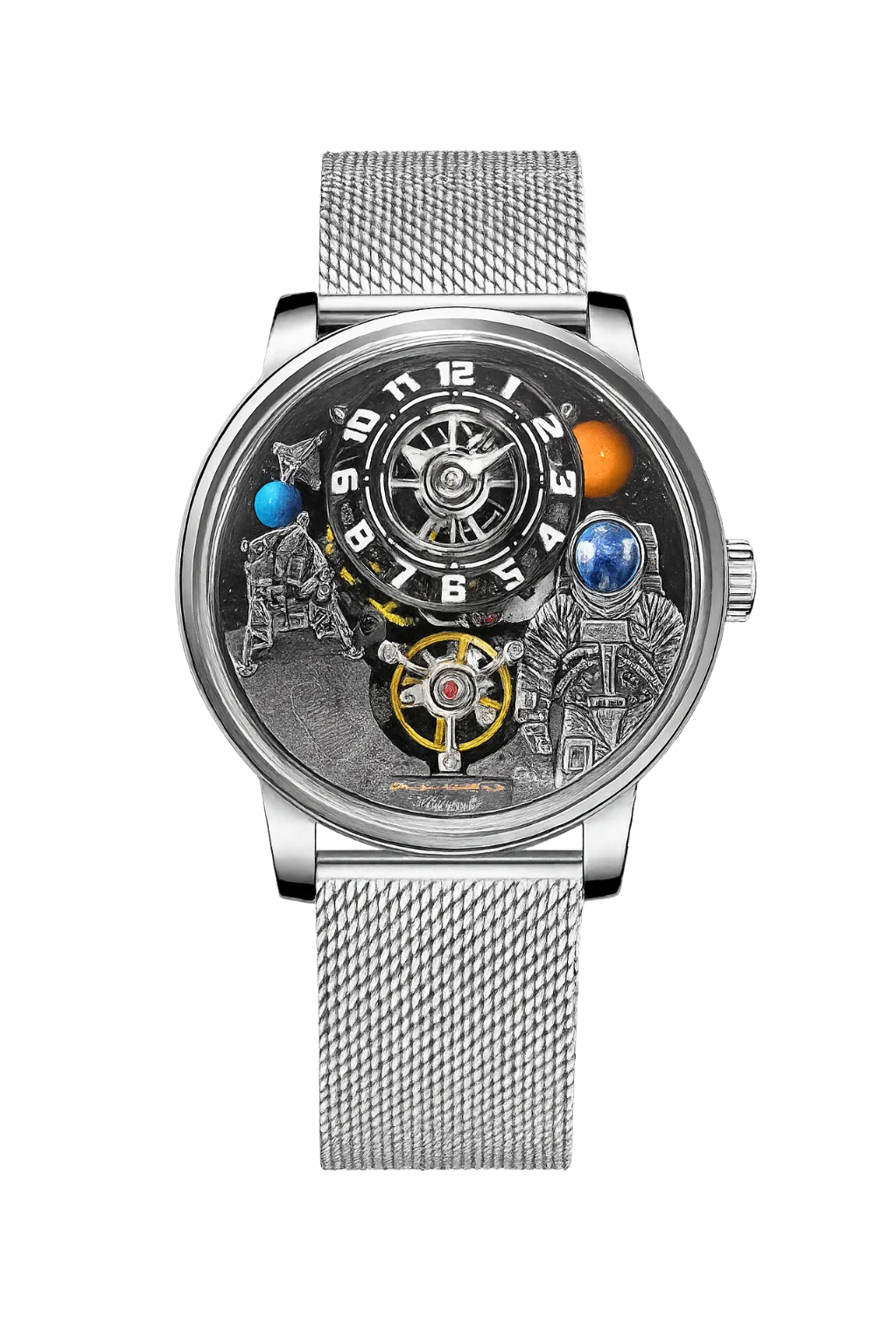 PINDU PD6630 Space Series men's watch with black 3D space dial and silver mesh bracelet, front view