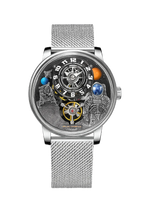 PINDU PD6630 Space Series men's watch with black 3D space dial and silver mesh bracelet, front view