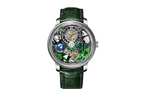 PINDU PD6631 Panda steel case with green leather strap, front view of 3D panda bamboo dial