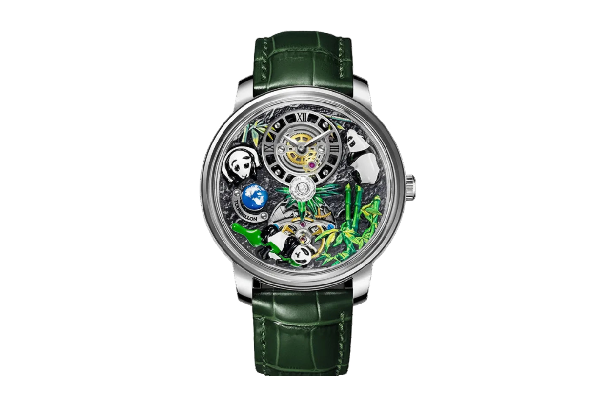 PINDU PD6631 Panda steel case with green leather strap, front view of 3D panda bamboo dial