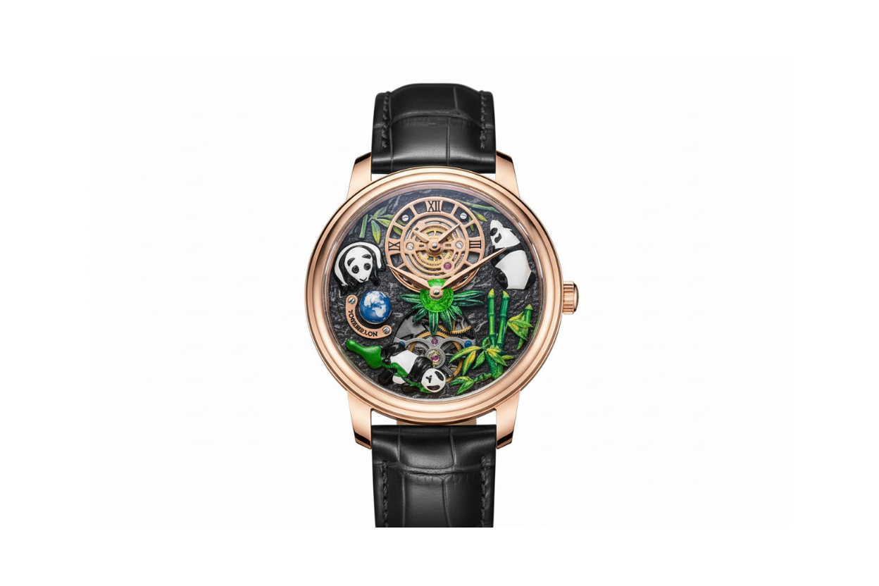 PINDU PD6631 crystal tourbillon watch black gold dial front view