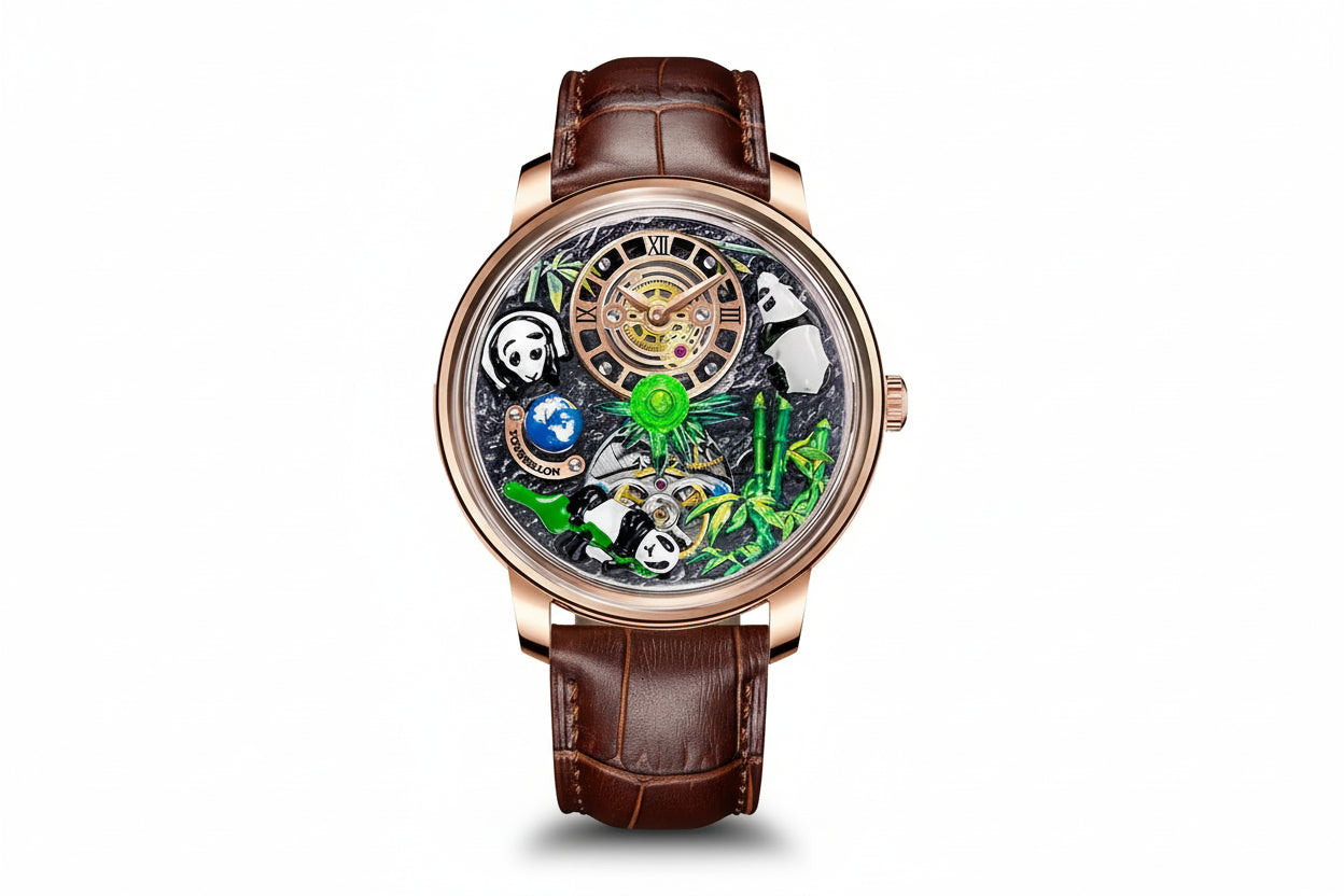 PINDU PD6631 crystal tourbillon watch gold brown dial front view