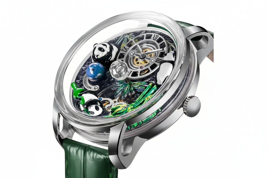 PINDU PD6631 crystal tourbillon watch silver bamboo green dial side view