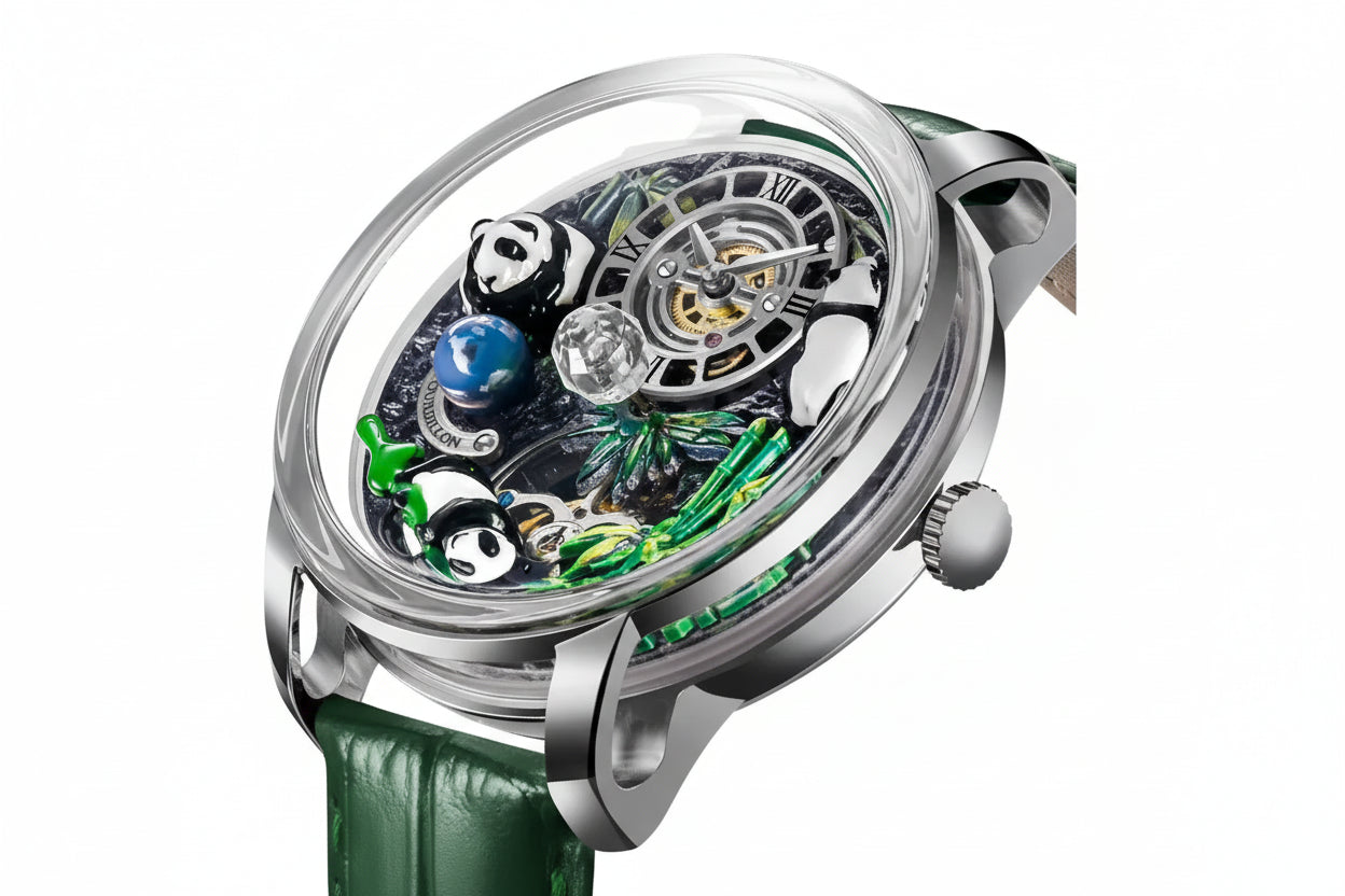 PINDU PD6631 crystal tourbillon watch silver bamboo green dial side view