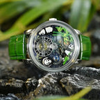 PINDU PD6631 crystal tourbillon watch silver panda green dial on rocks lifestyle shot