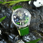 PINDU PD6631 crystal tourbillon watch silver panda green dial on rocks lifestyle shot