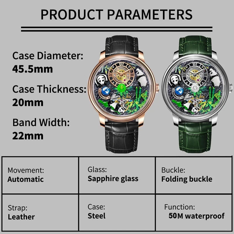 PINDU PD6631 panda watch product parameters specifications graphic with dimensions