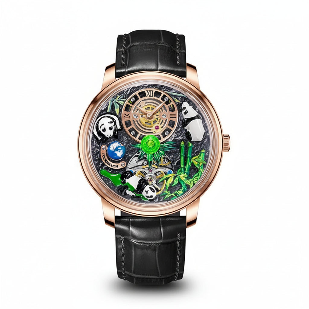 PINDU PD6631 panda watch rose gold case with black leather strap, front view