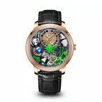 PINDU PD6631 panda watch rose gold case with black leather strap, front view