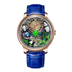 PINDU PD6631 panda watch rose gold case with blue leather strap, front view