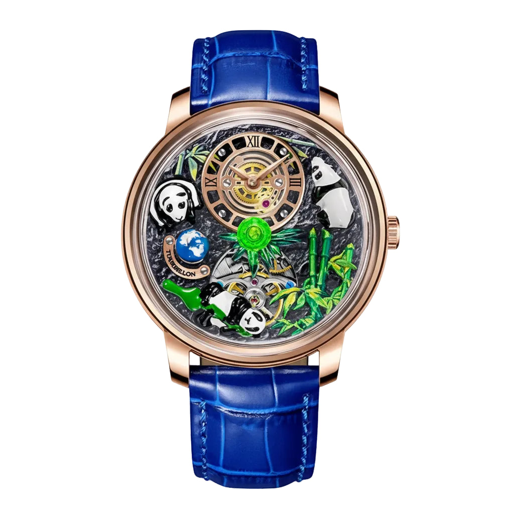 PINDU PD6631 panda watch rose gold case with blue leather strap, front view