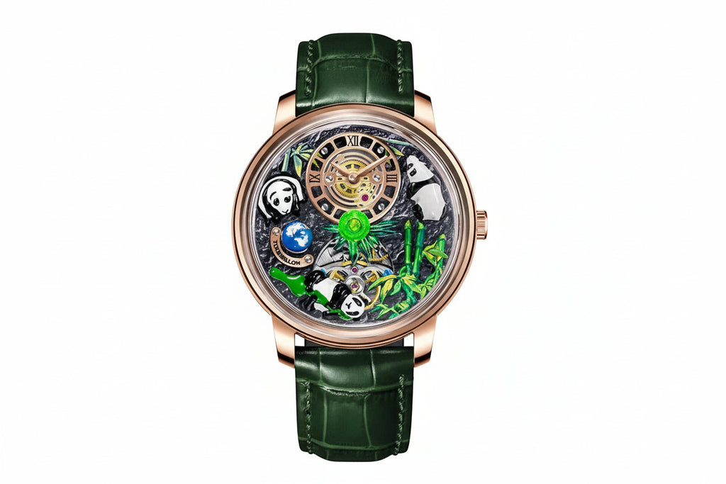 PINDU PD6631 panda watch rose gold case and green leather strap, front view