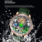 PINDU PD6631 panda watch 5ATM waterproof feature, rose gold case green leather