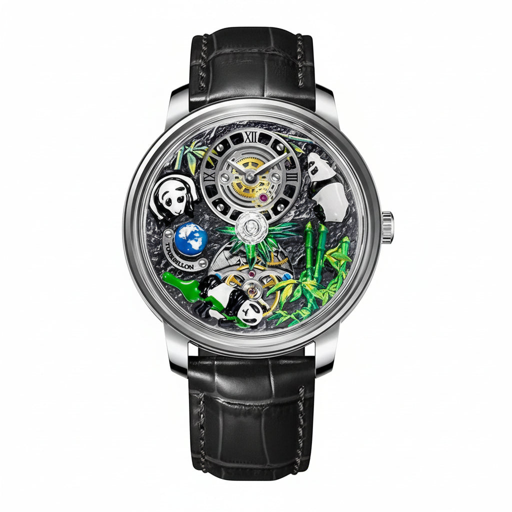 PINDU PD6631 panda tourbillon watch silver case with black leather strap, front