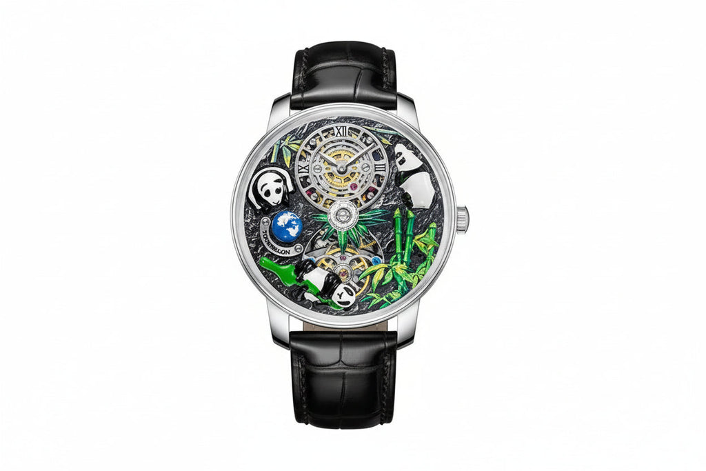 PINDU PD6631 panda tourbillon watch silver case and black leather strap, front view