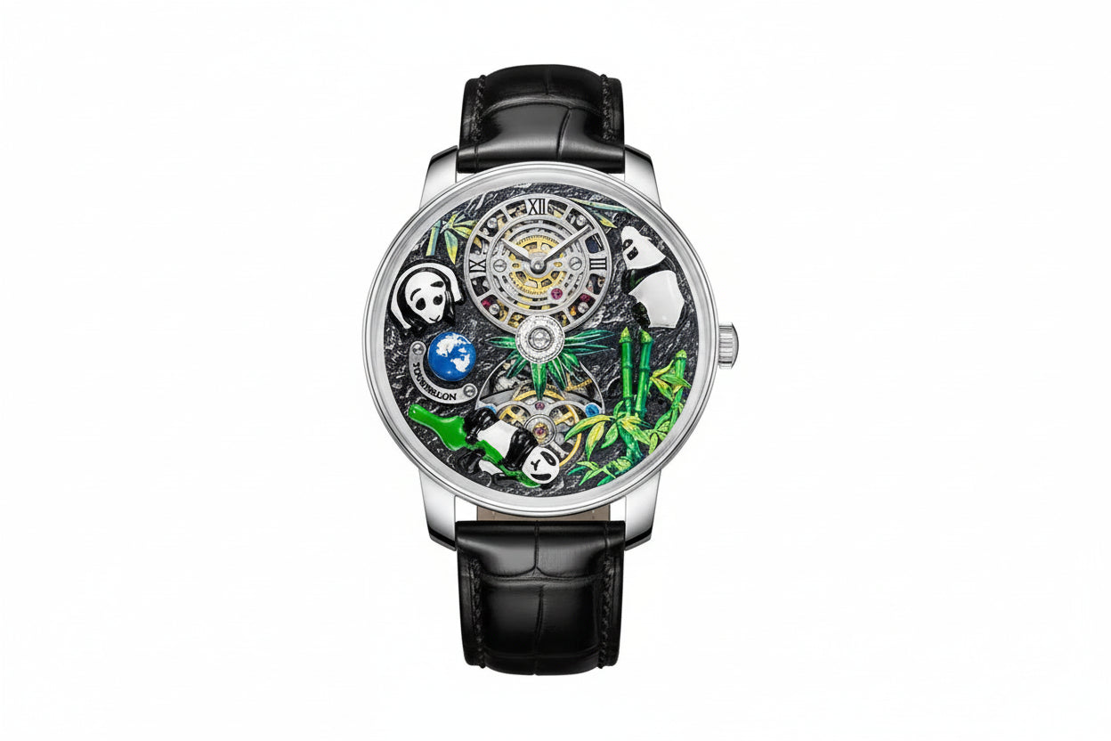 PINDU PD6631 panda tourbillon watch silver case and black leather strap, front view