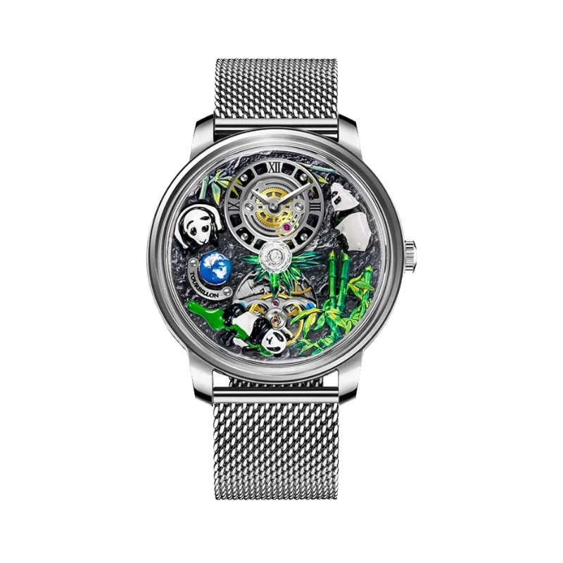 PINDU PD6631 panda watch silver case with mesh bracelet, front view
