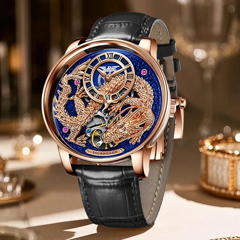 PINDU PD6632 dragon tourbillon rose gold blue dial in lifestyle setting with bokeh