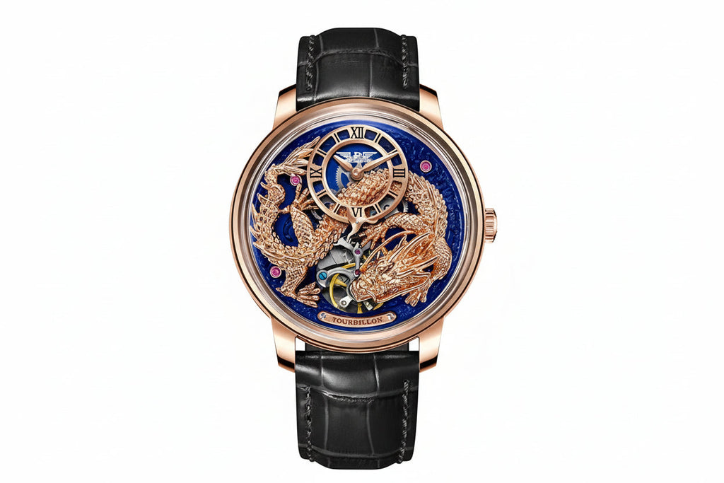 PINDU PD6632 dragon dial watch with rose gold case, blue dial, black leather strap