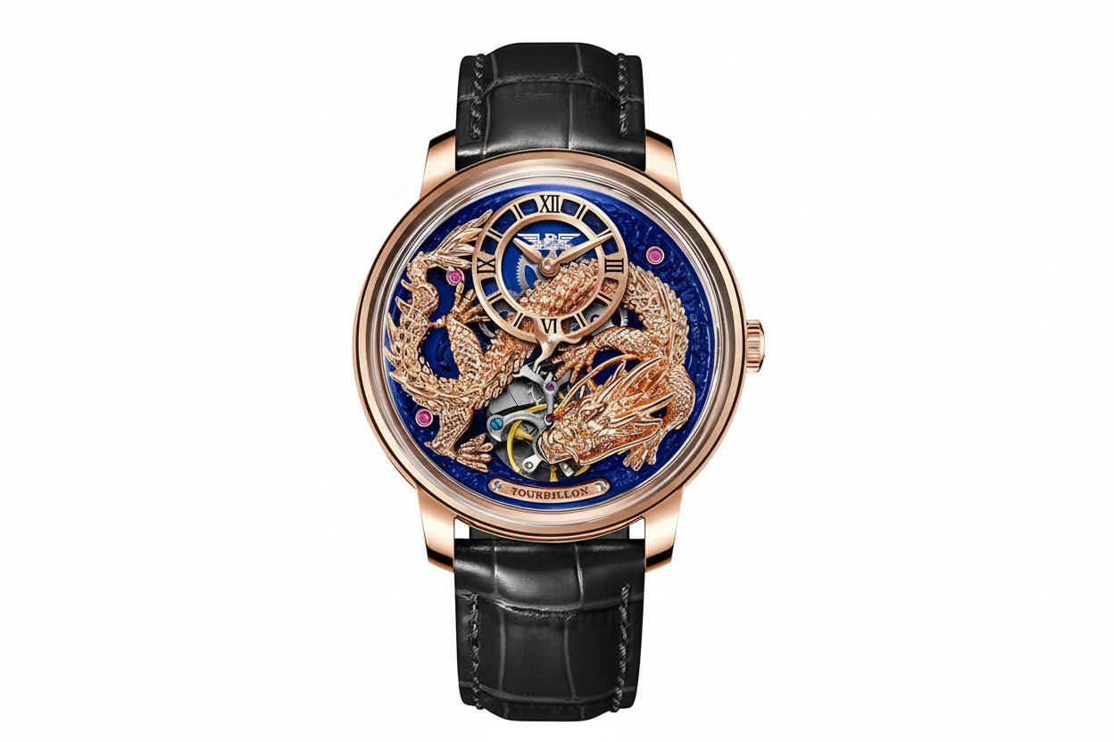 PINDU PD6632 dragon dial watch with rose gold case, blue dial, black leather strap