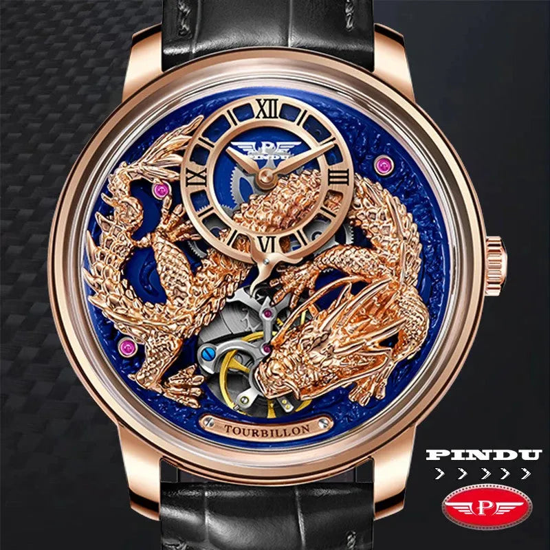 PINDU PD6632 Golden Dragon tourbillon watch with blue dial rose gold case and black strap