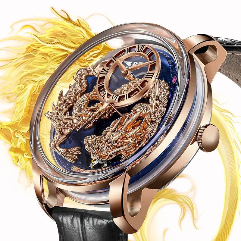 PINDU PD6632 Golden Dragon watch profile view with blue dial and rose gold case