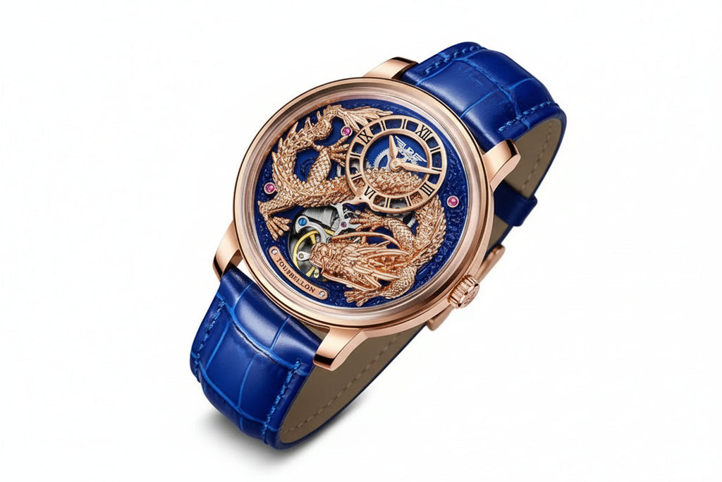 PINDU PD6632 Golden Dragon automatic watch with blue dial and rose gold case side angle