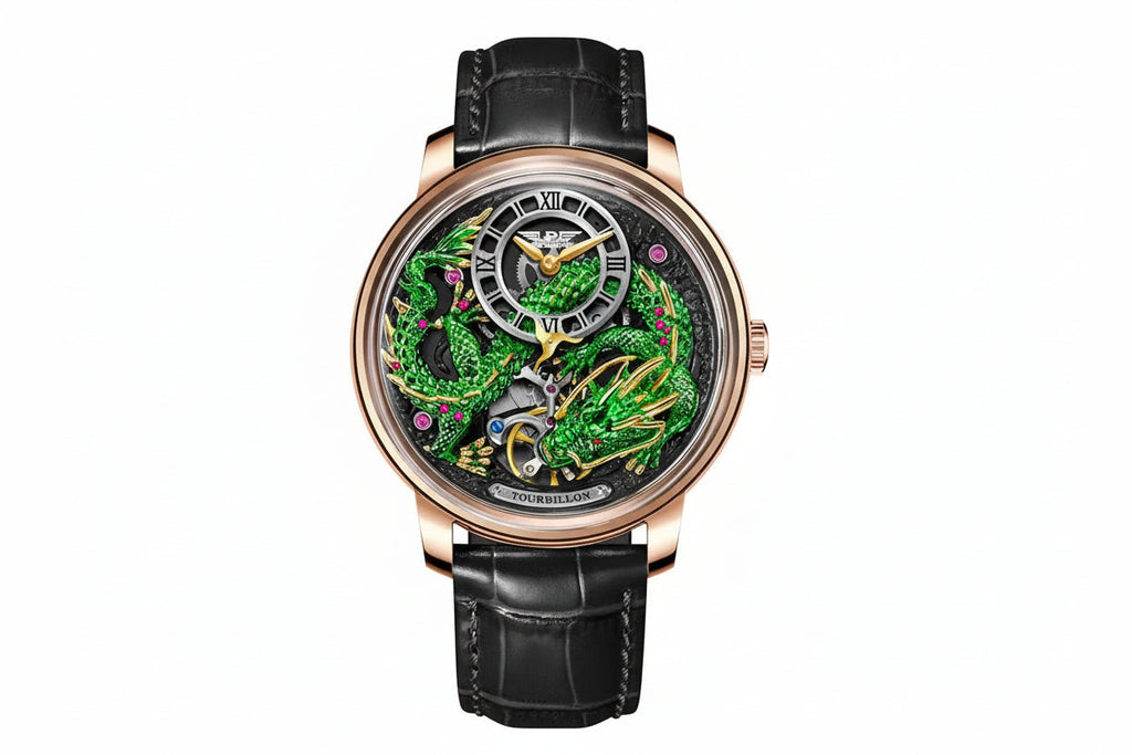 PINDU PD6632 Golden Dragon Dial Automatic with black dial, shown on wrist
