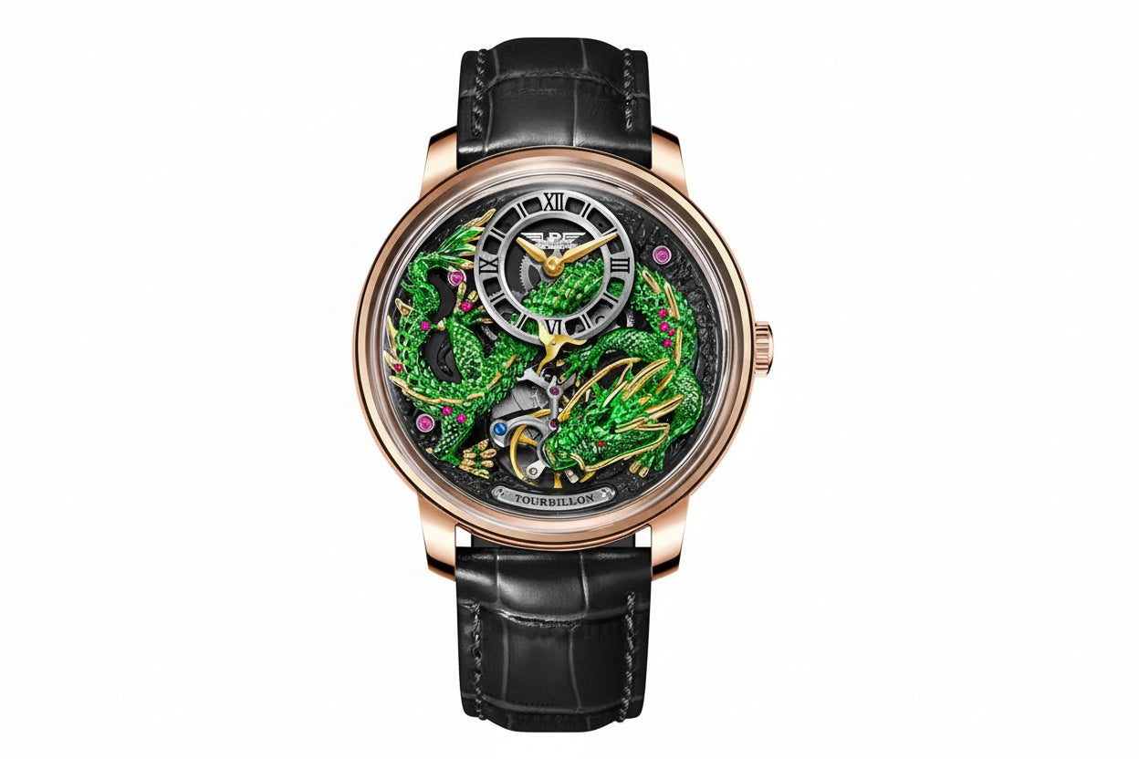 PINDU PD6632 Golden Dragon Dial Automatic with black dial, shown on wrist
