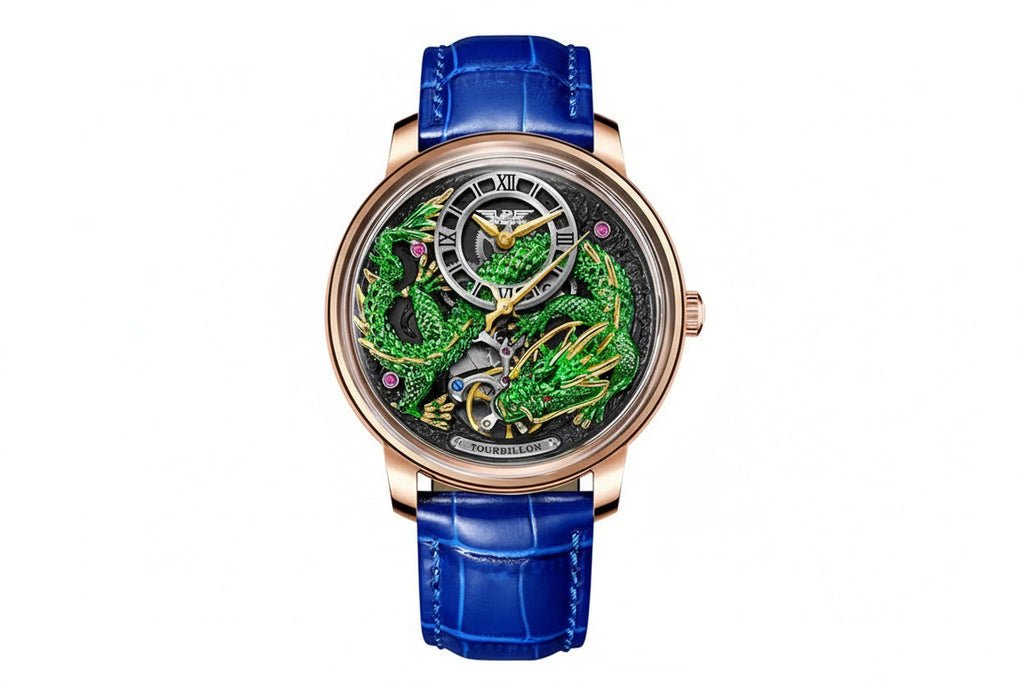 PINDU PD6632 dragon watch rose gold case green dragons on black with blue strap