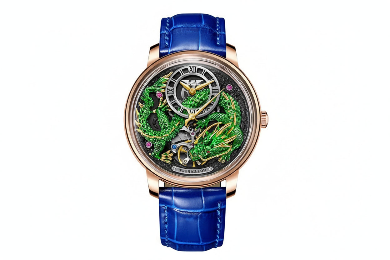 PINDU PD6632 dragon watch rose gold case green dragons on black with blue strap