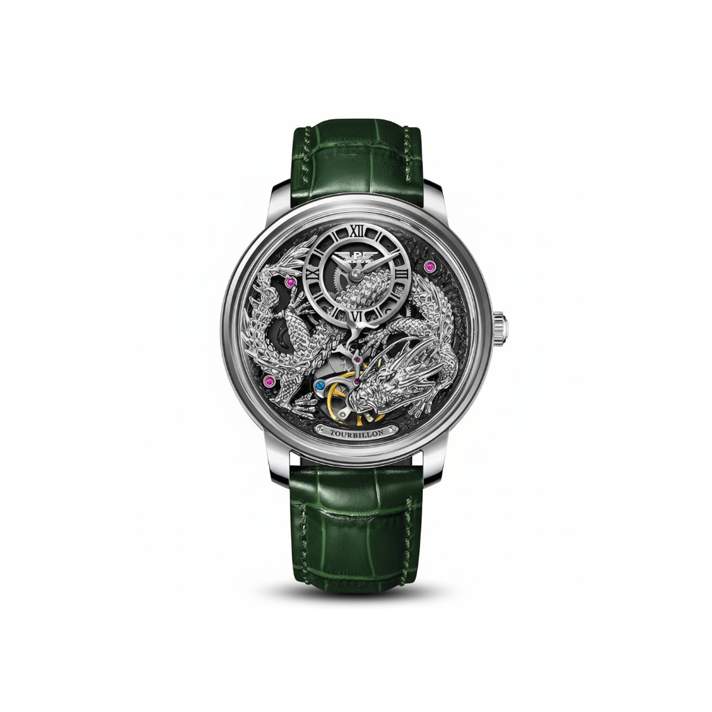 PINDU PD6632 Golden Dragon tourbillon watch with silver case and green leather strap, front