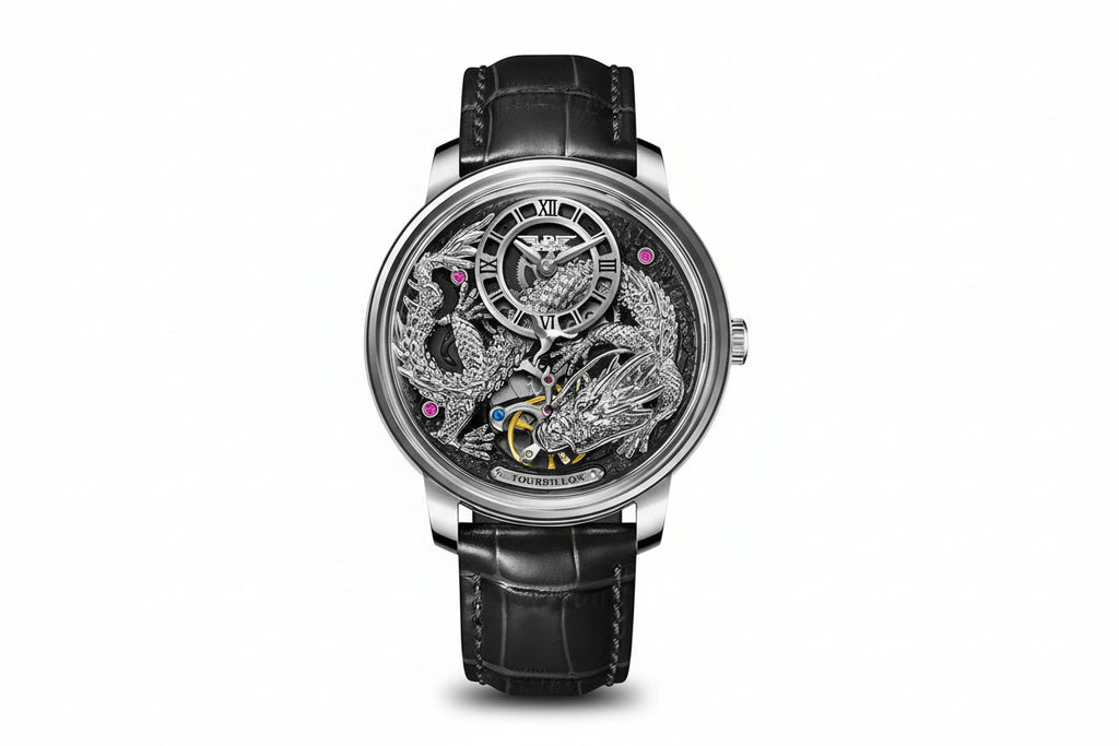 PINDU PD6632 Golden Dragon tourbillon with silver case, black leather strap, silver dragon dial